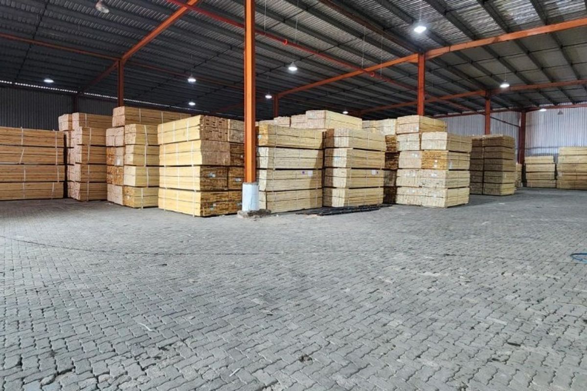 Spacious industrial warehouse featuring a steel portal frame structure, corrugated metal roofing, high-bay lighting, and durable paved flooring, currently utilized for timber storage.