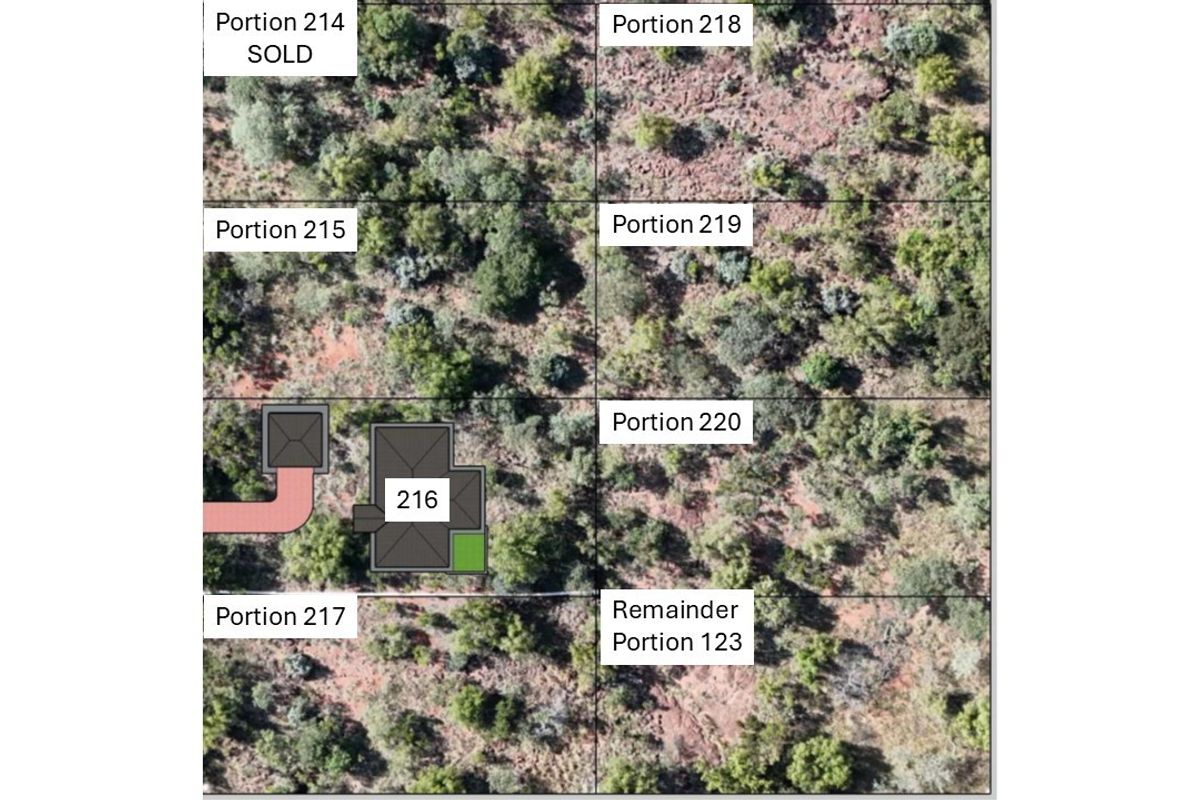 Aerial view showing the layout and boundaries of multiple residential land portions, including a marked building footprint on portion 216.