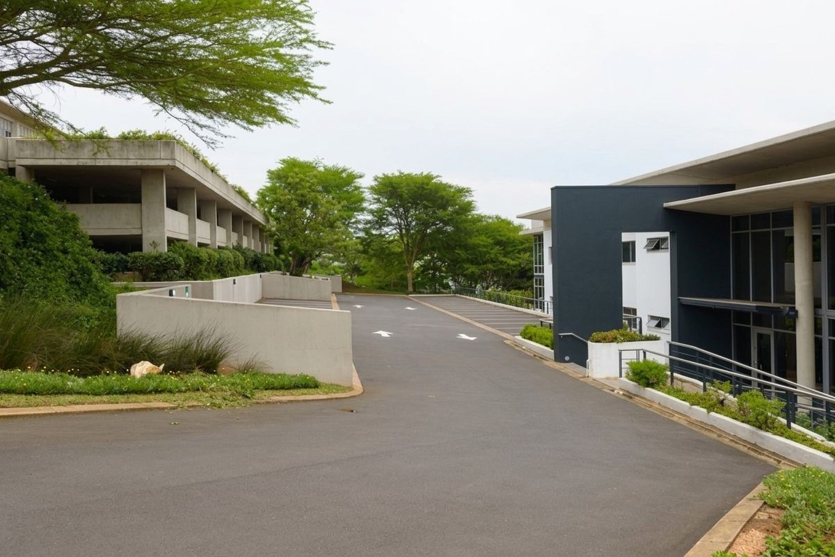 View of the industrial property entrance featuring a paved driveway, concrete retaining walls, and landscaped garden areas leading to the building facade.