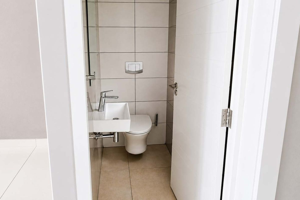 A modern, compact guest bathroom featuring a wall-mounted toilet with a concealed cistern and a sleek wall-mounted basin with chrome fixtures.