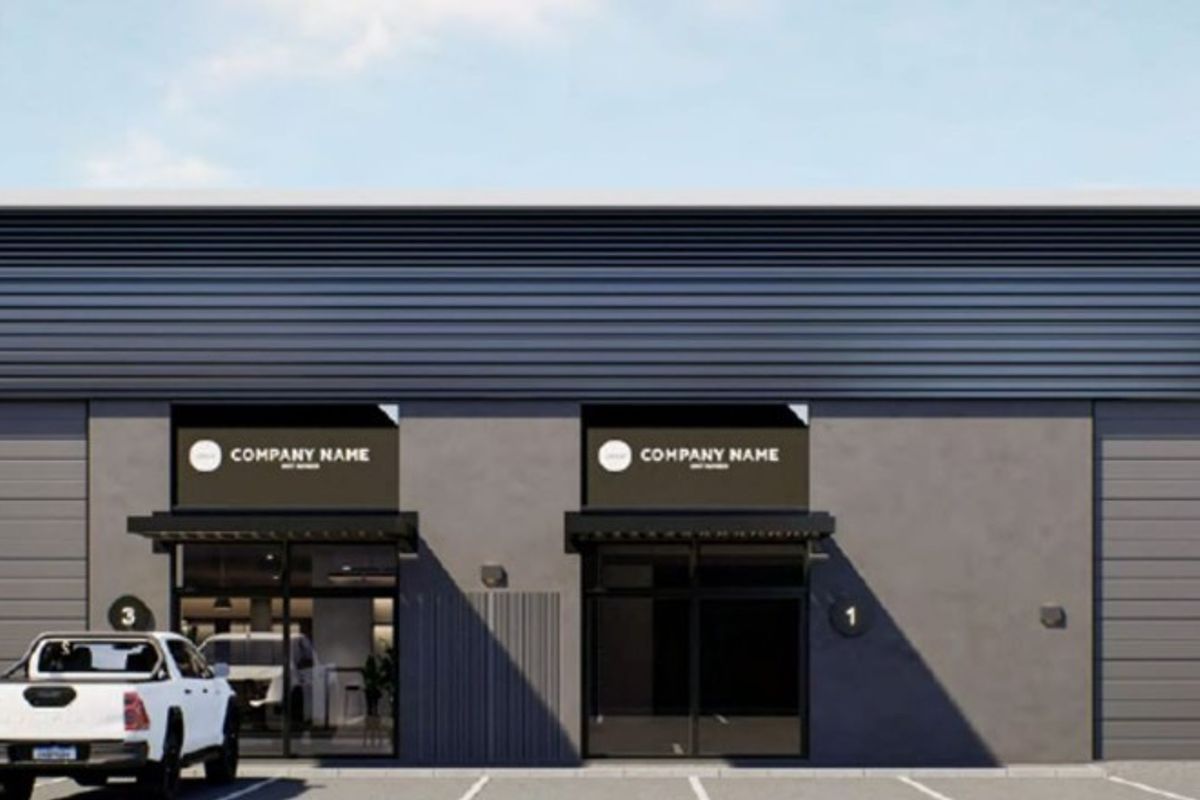 Modern industrial facade featuring dark metal cladding, roller shutter doors, and glass storefront entrances with dedicated parking bays.