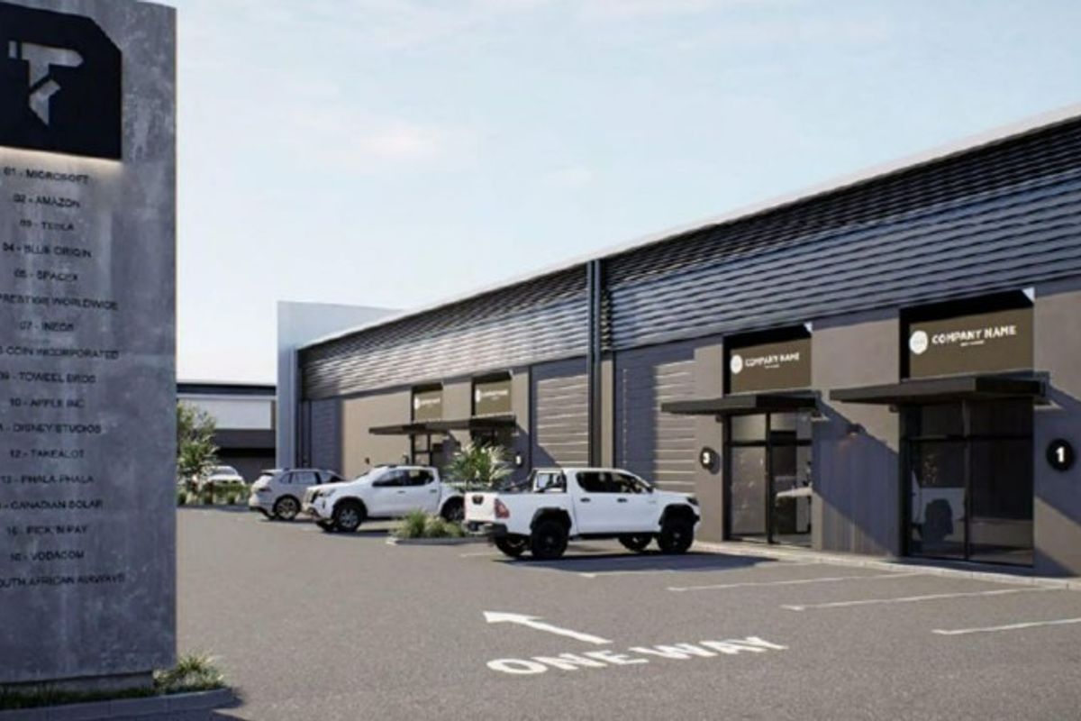 Modern industrial park exterior featuring a sleek facade, metal cladding, and a prominent signage pylon with dedicated parking bays.