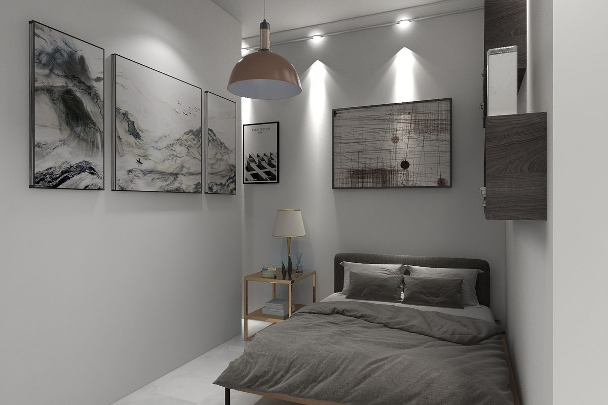 A modern, well-lit bedroom featuring recessed ceiling spotlights, a stylish pendant light, and integrated wall shelving units.