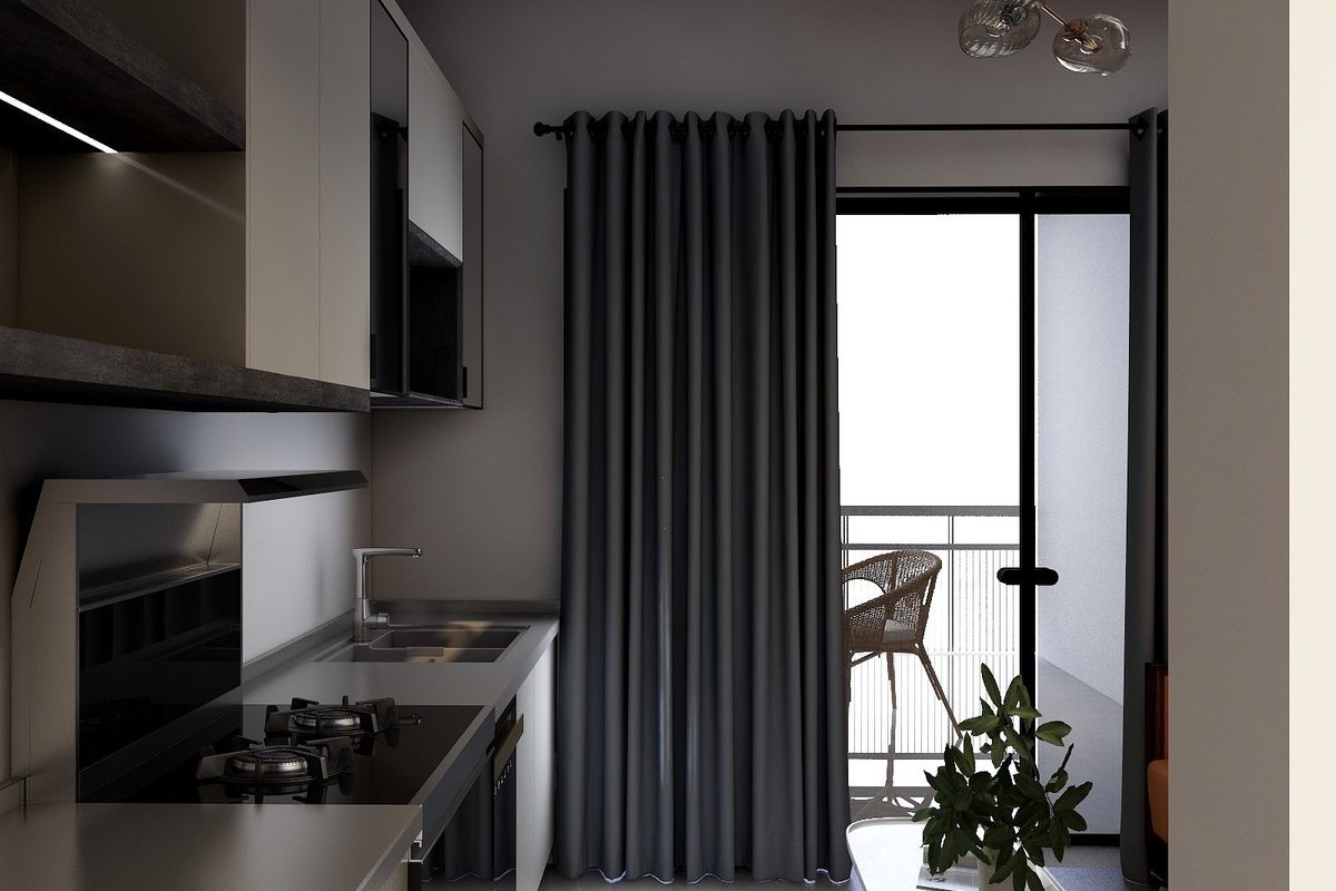 Modern compact kitchen featuring sleek built-in cabinetry, integrated gas hob, and direct access to a private balcony through a sliding glass door.