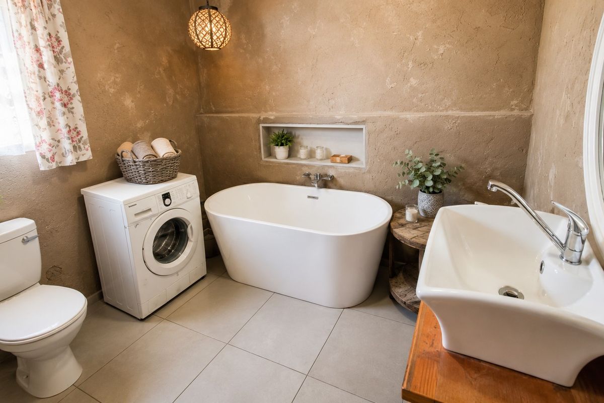 A well-maintained bathroom featuring a modern freestanding bathtub, vessel sink, and a convenient built-in wall niche with tiled flooring.