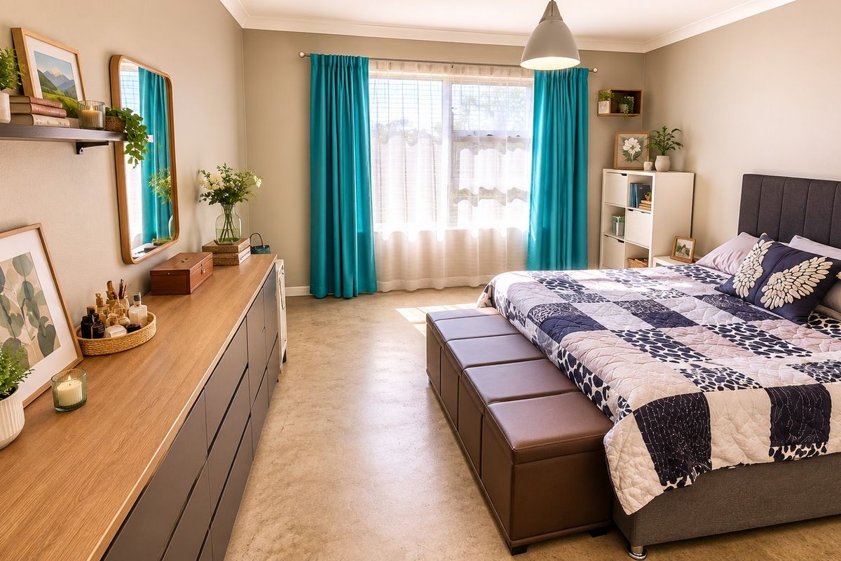 A well-maintained bedroom featuring polished concrete floors, neutral wall tones, and a large window with natural light.