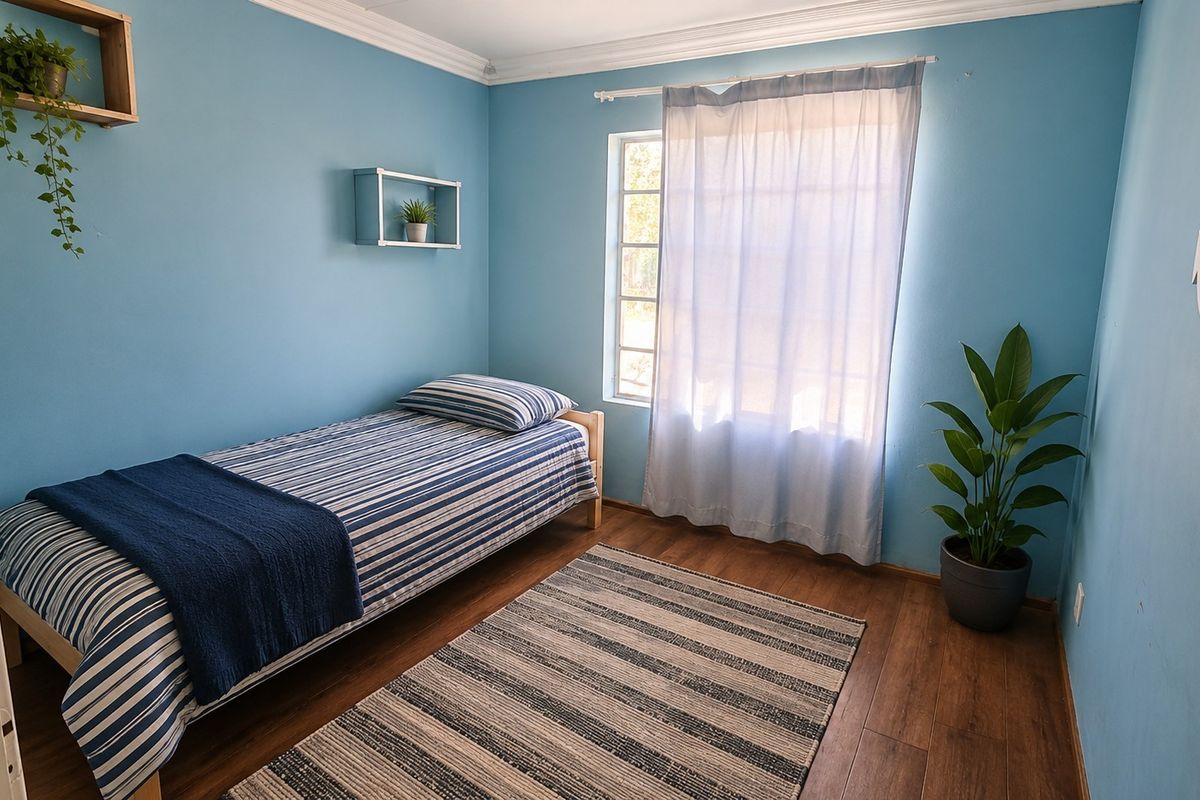 A well-maintained bedroom featuring laminate flooring, blue painted walls, and natural light through a standard window.
