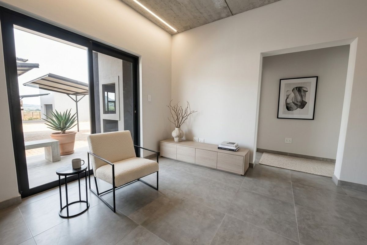 Modern living area featuring an exposed concrete ceiling, large format floor tiles, and seamless access to an outdoor patio through sliding glass doors.
