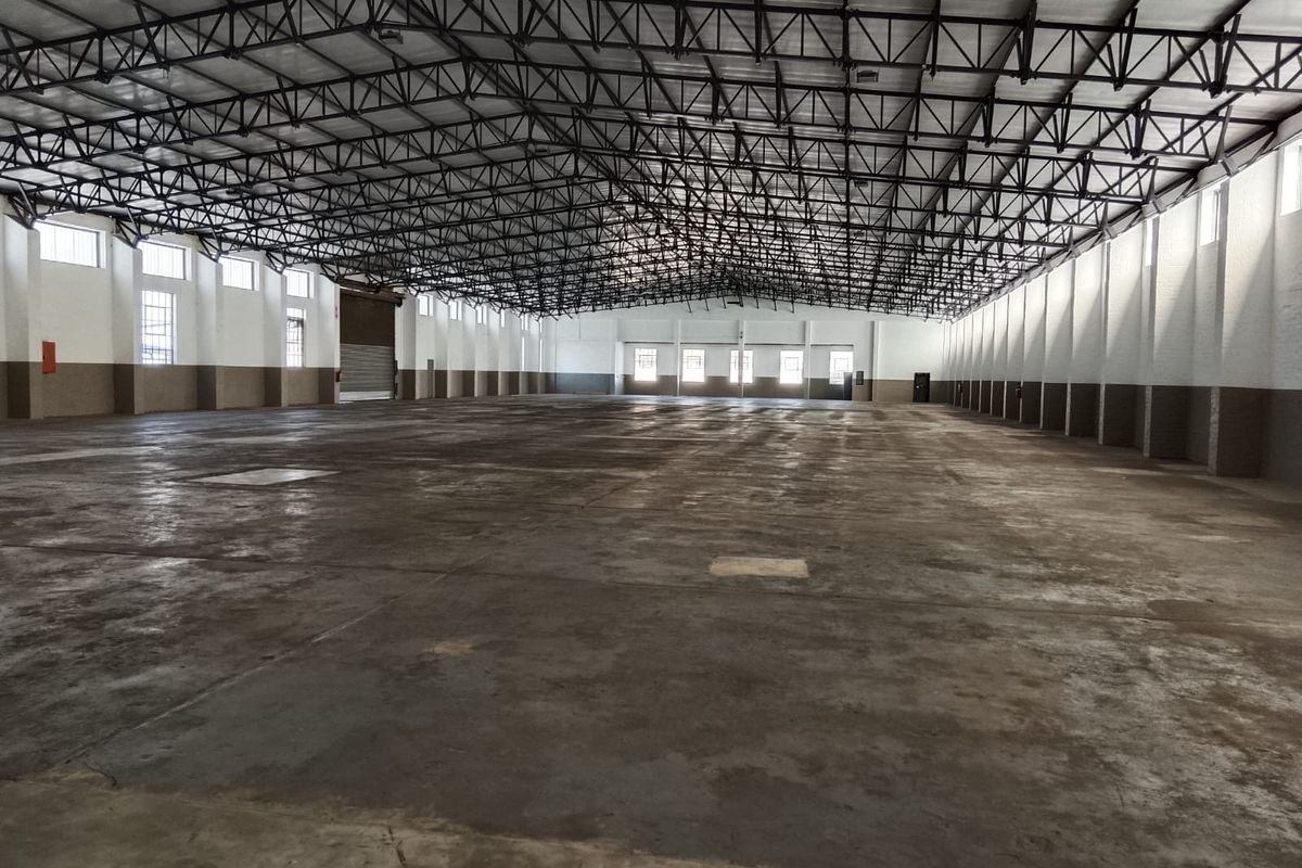 Expansive industrial warehouse space featuring high ceilings with exposed steel trusses, concrete flooring, and large roller shutter access.