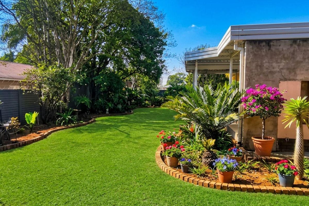 A well-maintained rear garden featuring a lush lawn, established landscaping, brick-edged garden beds, and a covered patio area attached to the home.