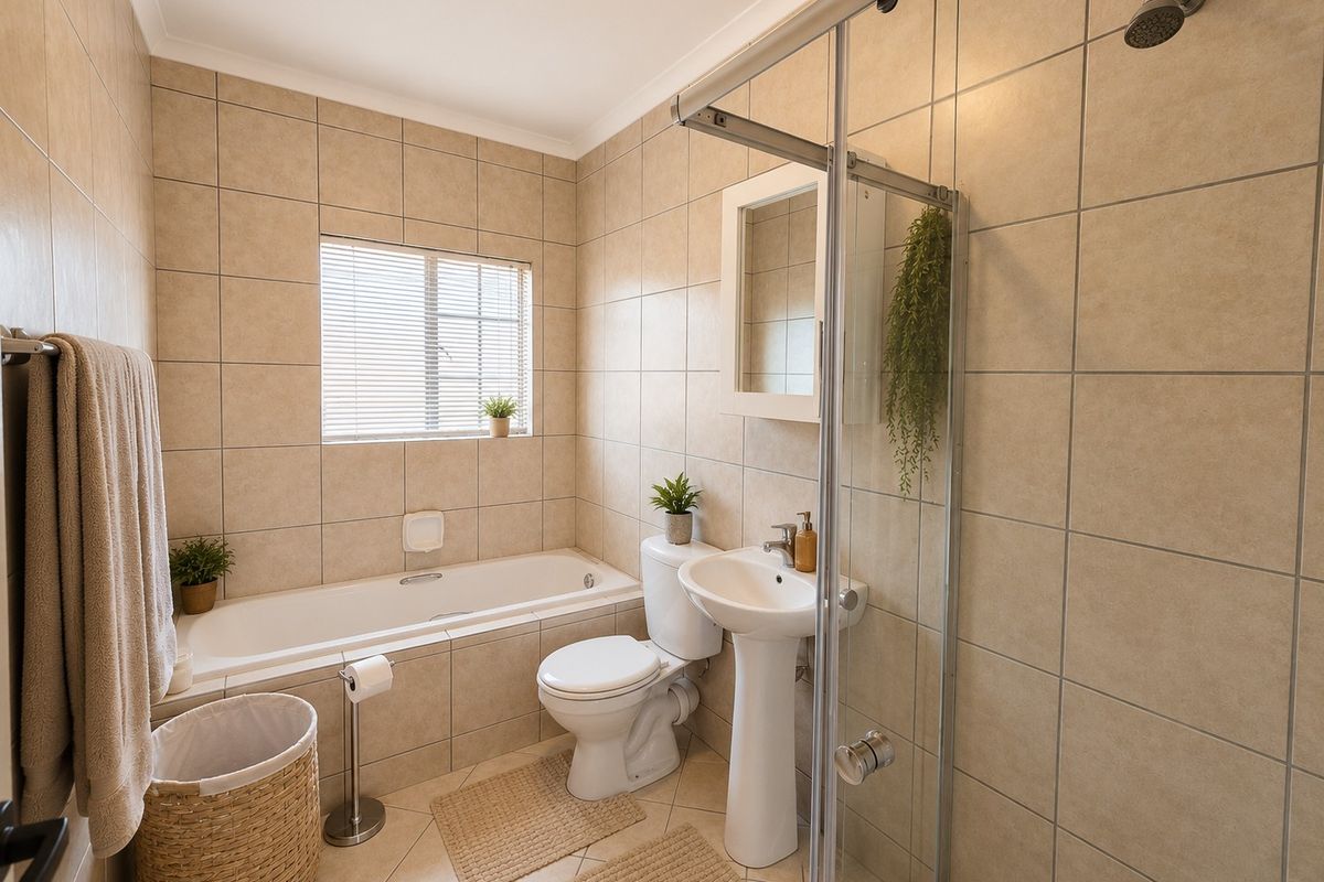 A functional bathroom featuring a built-in bathtub, separate shower enclosure, pedestal basin, and neutral wall tiling.
