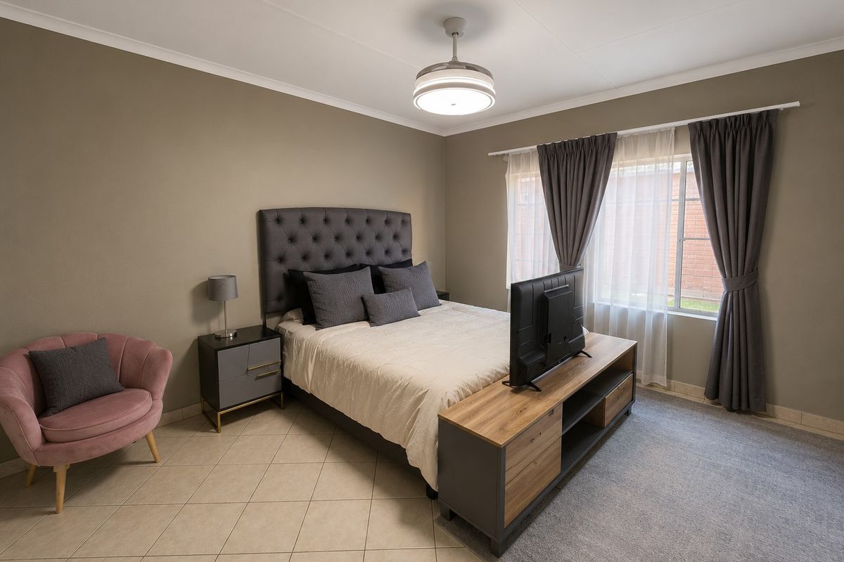 A well-maintained bedroom featuring neutral wall tones, tiled flooring, and a central ceiling fan, offering a comfortable and functional living space.