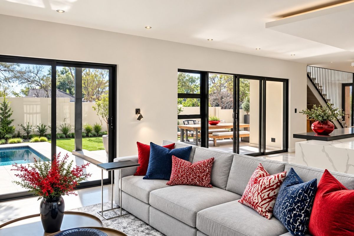 Modern open-plan living area featuring sleek tiled floors, recessed lighting, and large sliding glass doors providing seamless access to the pool and garden.