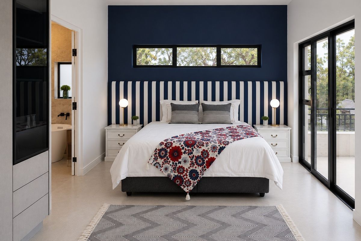 A modern, well-lit bedroom featuring a bold navy accent wall, built-in storage, and sliding glass doors leading to an outdoor balcony.