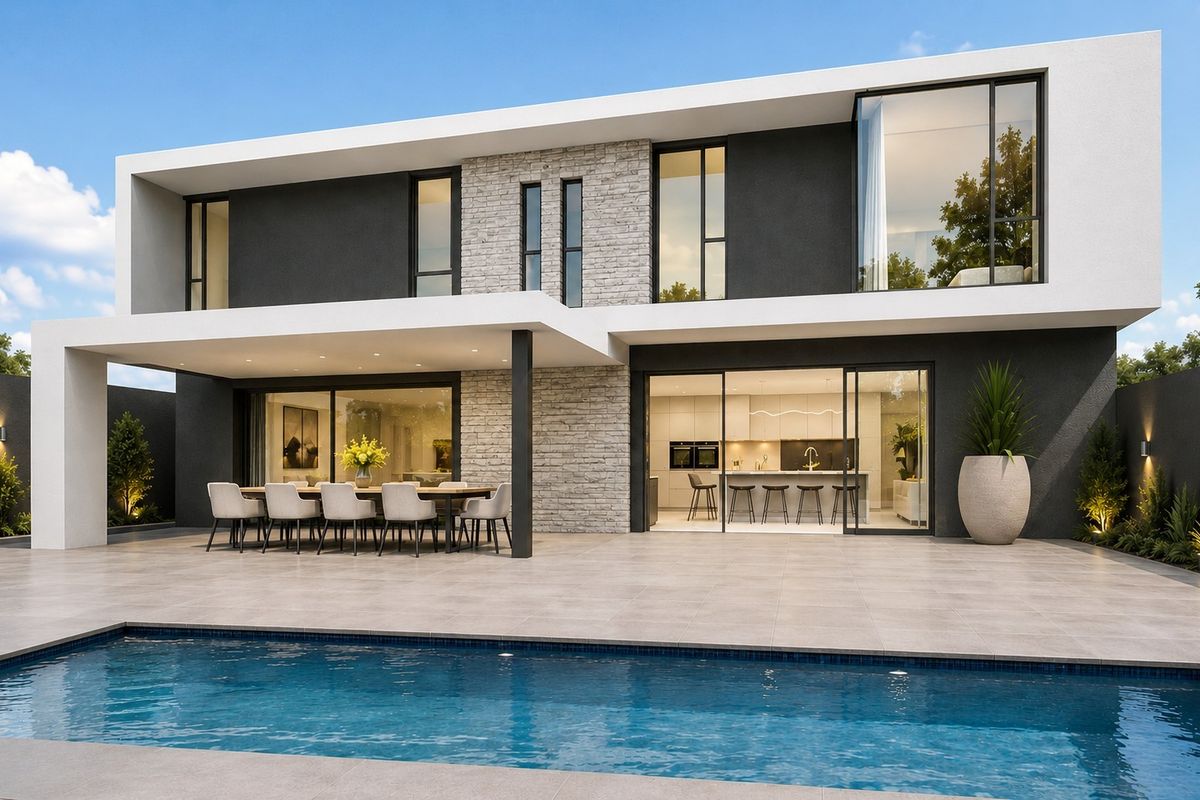 Modern two-story residence featuring a spacious tiled patio, swimming pool, and seamless indoor-outdoor flow through large sliding glass doors.