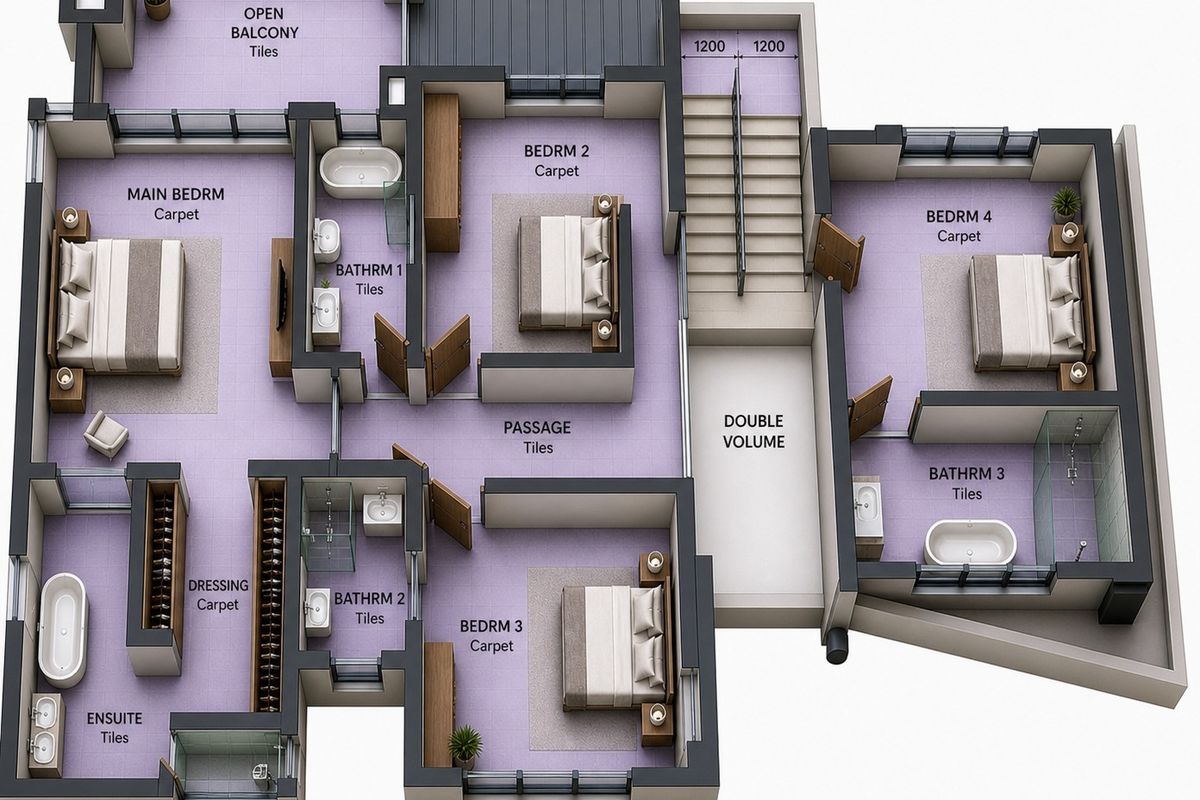 A detailed 3D first floor plan showing four bedrooms, three bathrooms, a dressing area, and an open balcony.