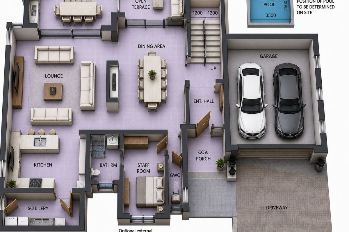 A detailed 3D ground floor plan showing the layout of the kitchen, living areas, garage, staff quarters, and outdoor terrace spaces.
