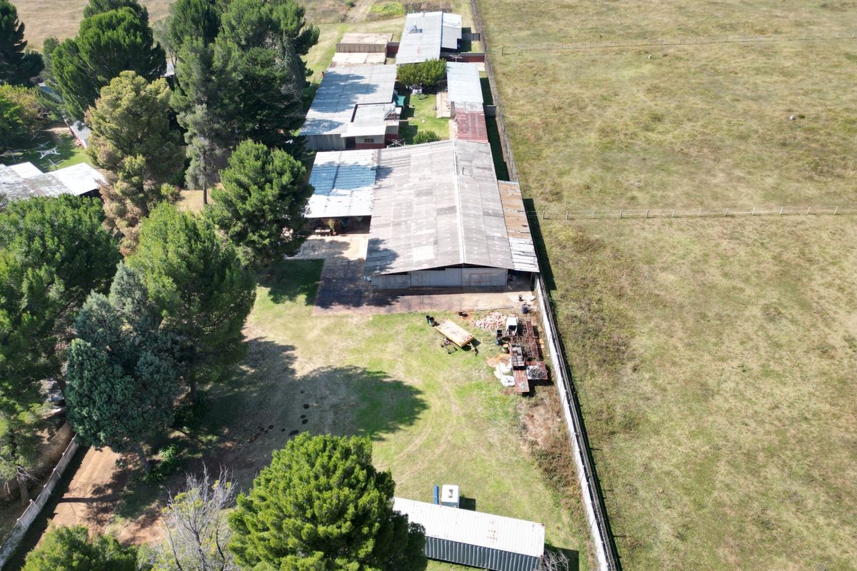 Aerial view of the small holding property featuring multiple outbuildings with corrugated metal roofing, mature trees, and extensive perimeter fencing.