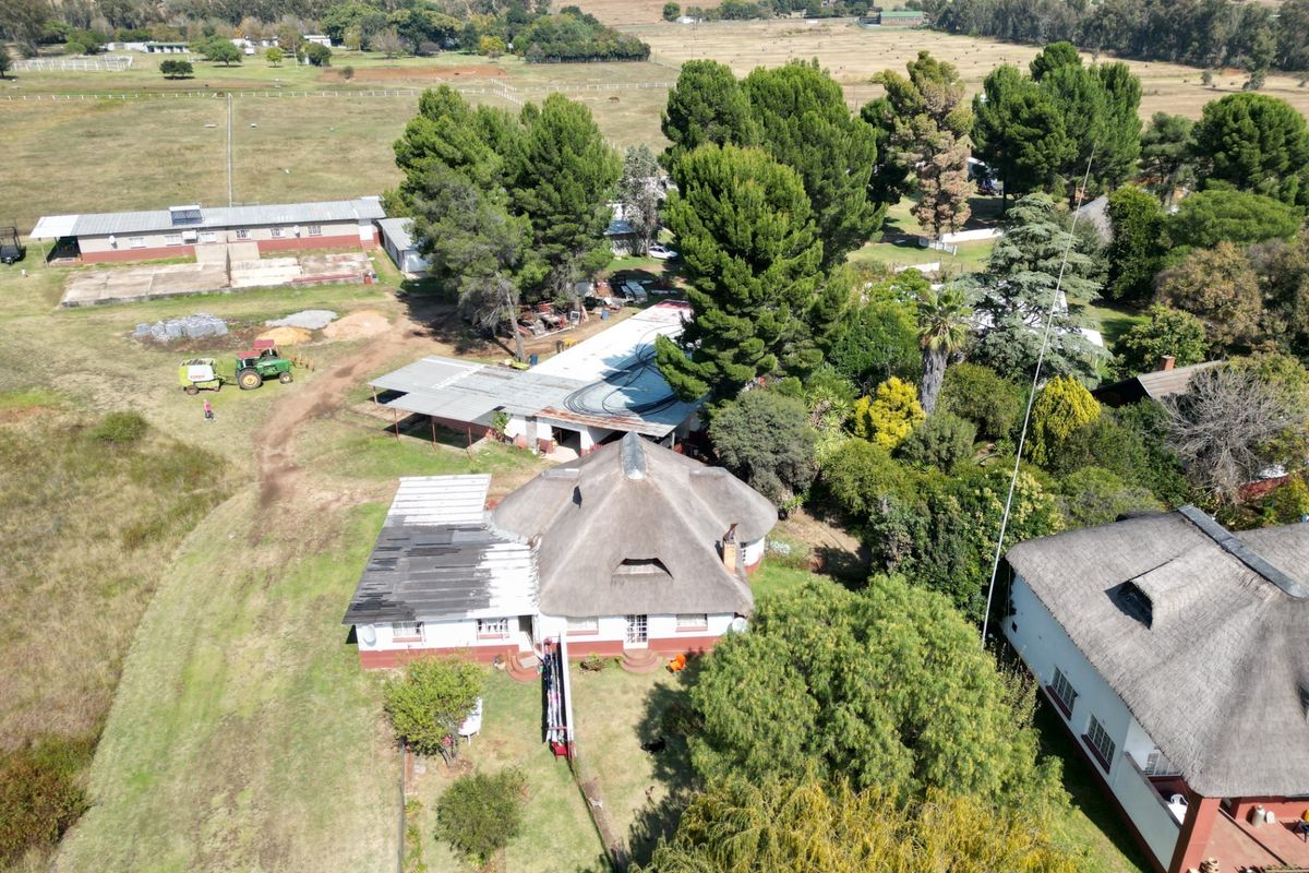 Aerial view of a small holding property featuring multiple structures with traditional thatch roofing, expansive grounds, and established trees.