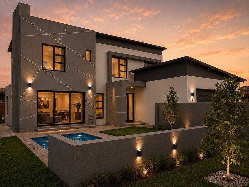 Modern double-story residence featuring a sleek rear facade, integrated swimming pool, paved patio area, and contemporary exterior lighting at dusk.