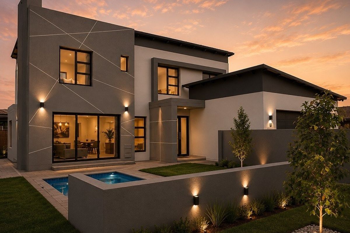 Modern double-story residence featuring a sleek rear facade, integrated swimming pool, paved patio area, and contemporary exterior lighting at dusk.