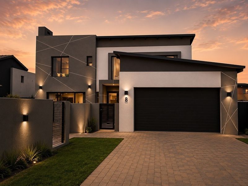 Modern double-storey residential facade featuring a paved driveway, integrated double garage, and contemporary exterior lighting at dusk.