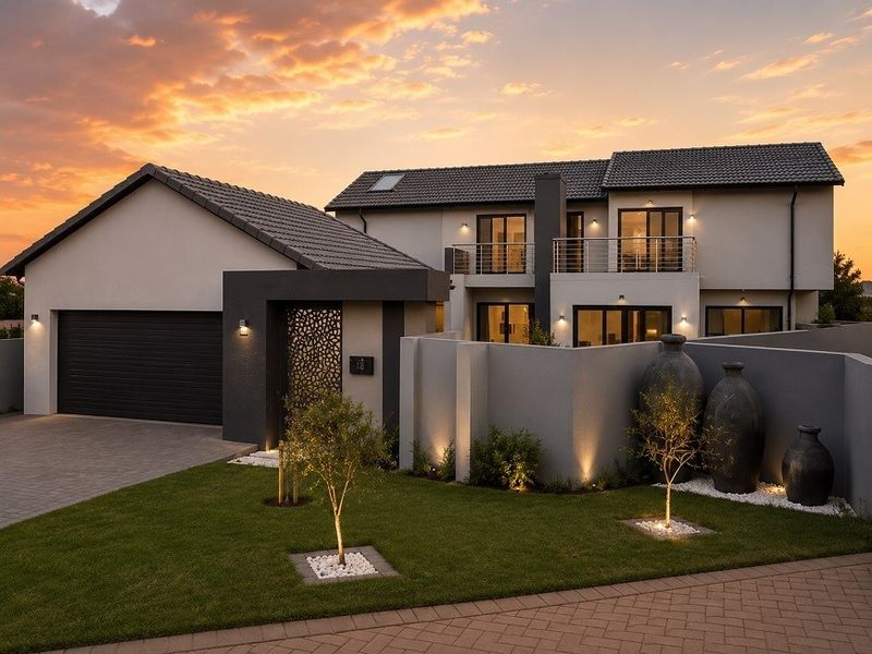 Modern double-story residence featuring a tiled roof, double garage, balcony, and landscaped front garden with paved driveway and exterior lighting.