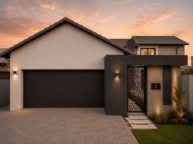 Modern front facade featuring a paved driveway, sectional garage door, and a stylish decorative metal entrance gate with integrated exterior lighting.