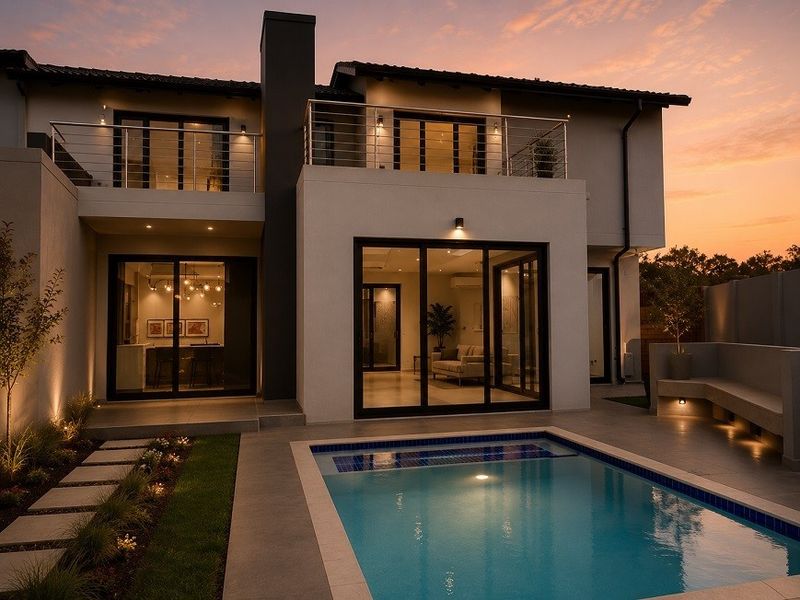 Modern rear exterior featuring a swimming pool, tiled patio, built-in bench seating, and a spacious upper-level balcony with stainless steel railings.
