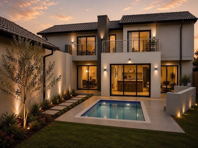 A modern two-story rear elevation featuring a swimming pool, tiled patio area, and a balcony overlooking the landscaped garden at dusk.