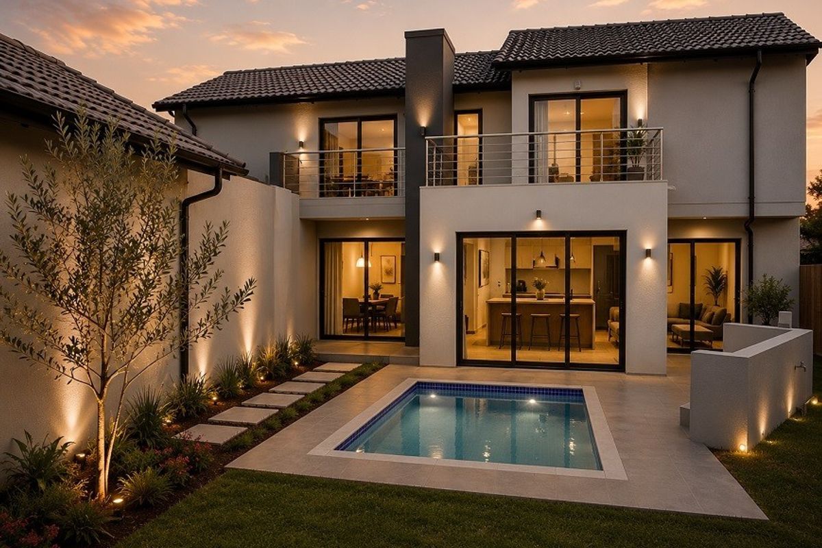 A modern two-story rear elevation featuring a swimming pool, tiled patio area, and a balcony overlooking the landscaped garden at dusk.