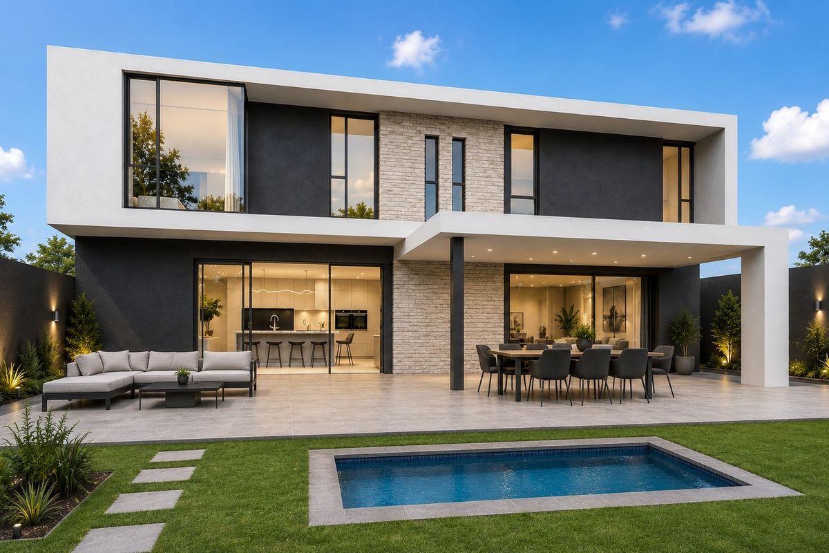 Modern rear exterior featuring a spacious tiled patio, swimming pool, and seamless indoor-outdoor flow through large sliding glass doors.