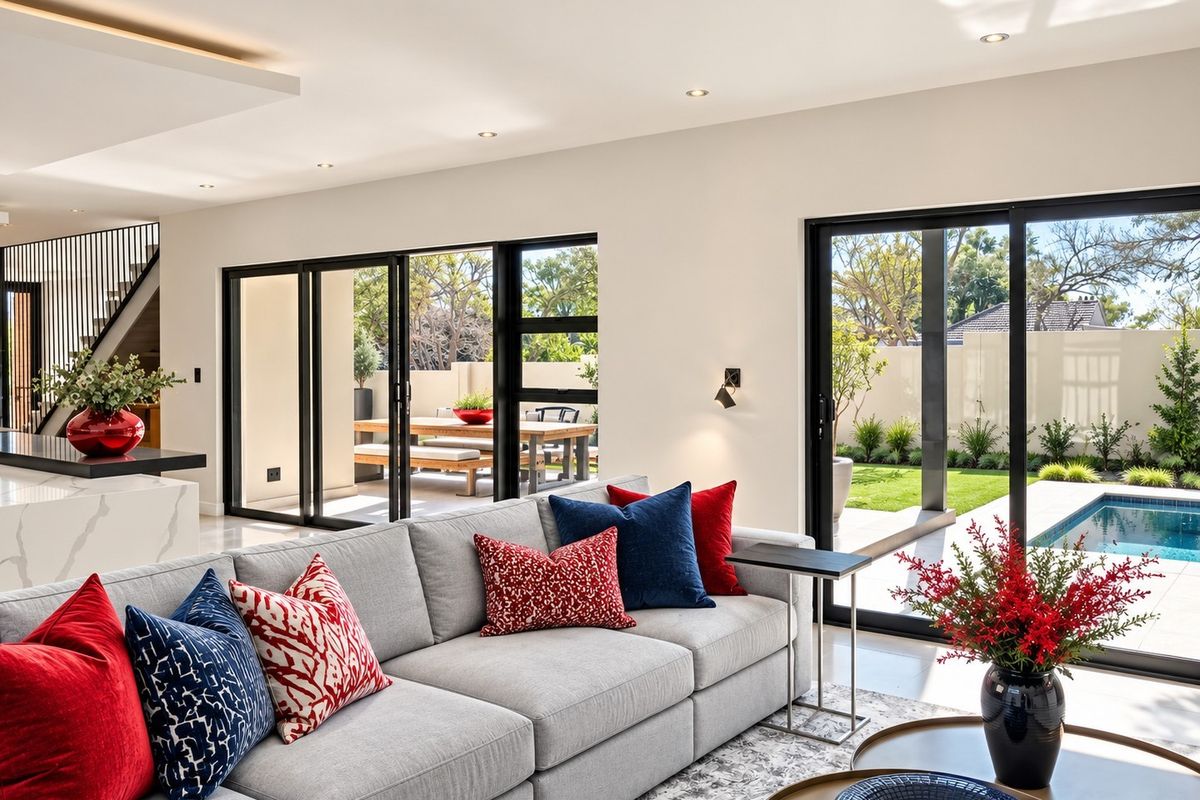Modern open-plan living area featuring high-end finishes, recessed lighting, and large sliding doors providing seamless access to the outdoor patio and pool area.