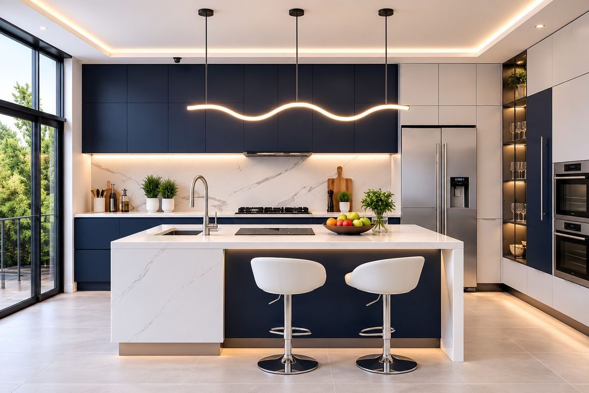 Modern luxury kitchen featuring a marble waterfall island, dark blue cabinetry, integrated appliances, and elegant pendant lighting with a seamless open-plan design.