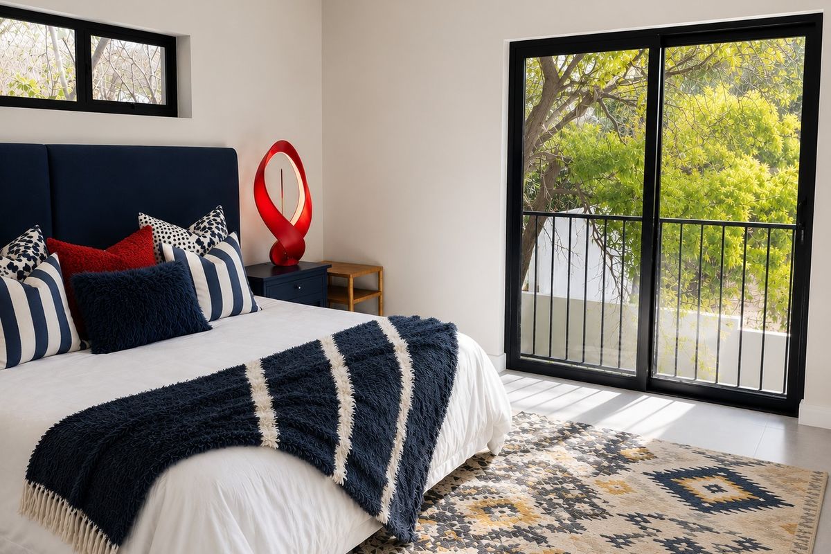 Modern bedroom featuring sleek black aluminium sliding doors leading to a balcony, large window, and neutral tiled flooring.
