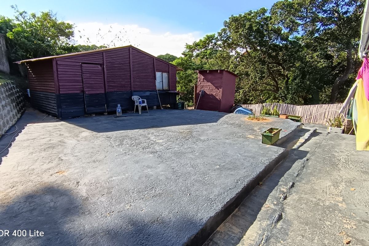 Rear exterior area featuring a concrete patio, timber shed, and brick structure, offering potential for outdoor landscaping or entertainment space development.