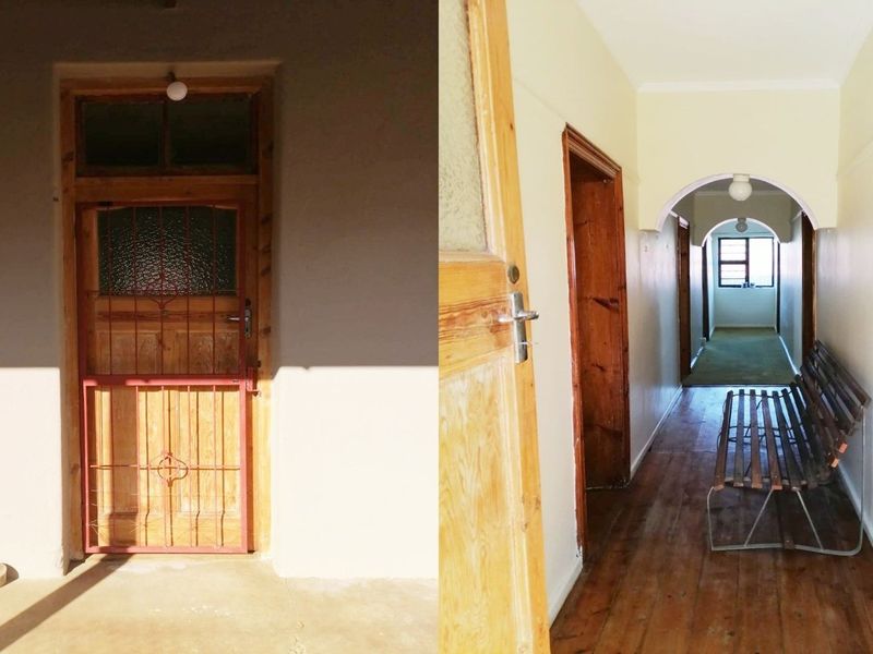 A split-view image showing the exterior entrance door with security gate and the interior hallway featuring timber flooring and an arched transition.