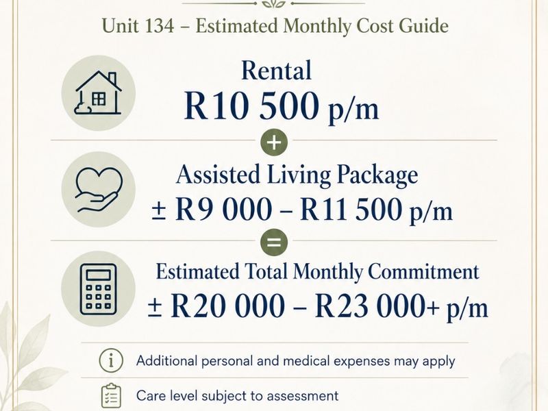 An informational cost guide for Fontaine Bleau Assisted Living, detailing monthly rental and care package estimates for unit 134.