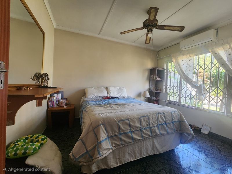 A bedroom featuring tiled flooring, a ceiling fan, and a wall-mounted air conditioning unit, with security bars installed on the window.