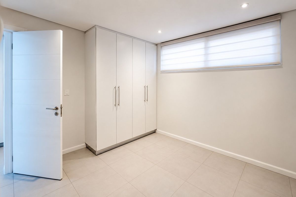 A clean, modern bedroom featuring neutral tiled flooring, built-in cupboards, and recessed lighting, offering a bright and versatile space.