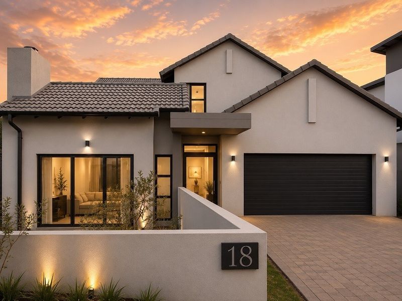 Modern front elevation of a residential house featuring a paved driveway, integrated garage, and contemporary architectural lighting at dusk.
