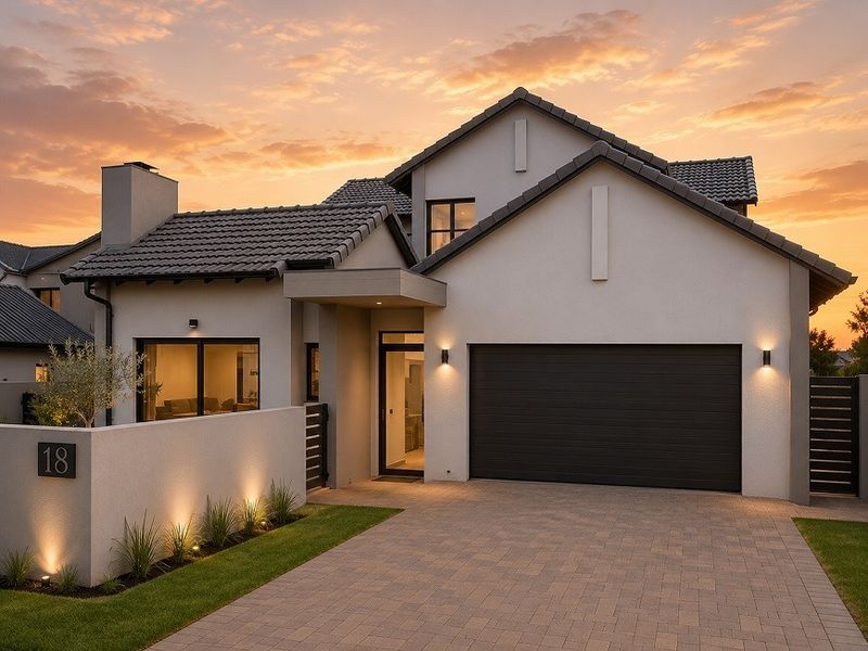 Modern front elevation of a residential property featuring a paved driveway, integrated garage, and contemporary exterior lighting at sunset.