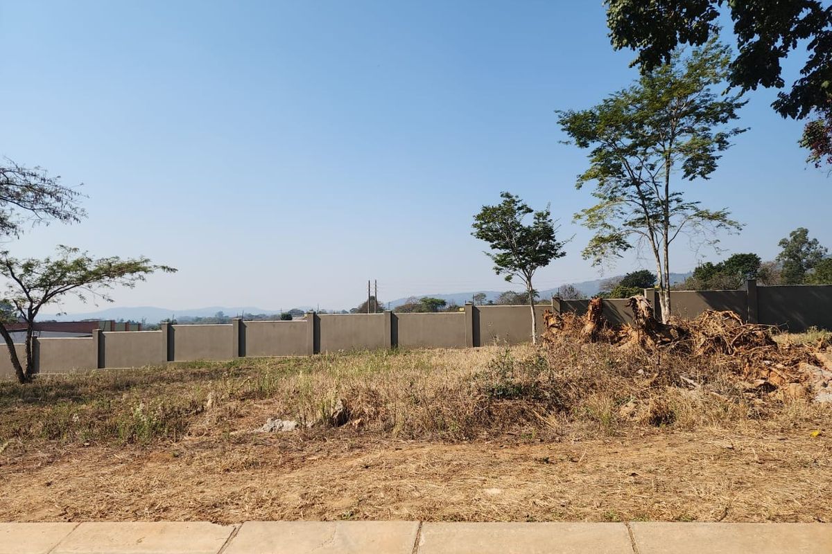 A vacant residential plot featuring a perimeter wall, concrete curb, and natural vegetation, offering a clear space ready for development.