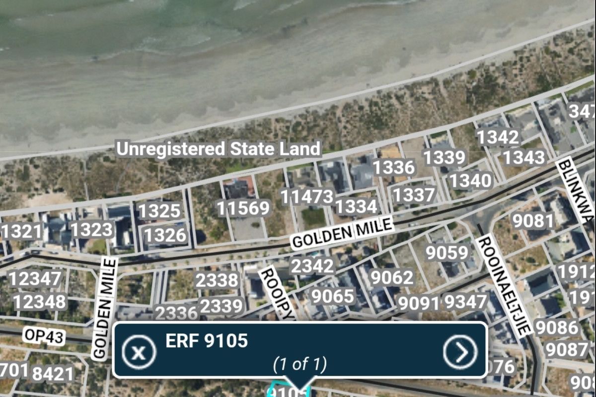 An aerial map view showing the location of Erf 9105 in relation to the coastline and surrounding street network.