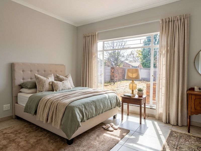 A bright and well-maintained bedroom featuring large windows that provide natural light and a view of the rear garden area.