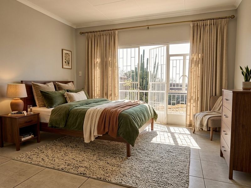A well-lit bedroom featuring tiled flooring and a security gate leading to an outdoor area, creating a bright and inviting atmosphere.