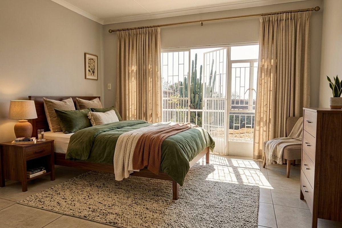 A well-lit bedroom featuring tiled flooring and a security gate leading to an outdoor area, creating a bright and inviting atmosphere.