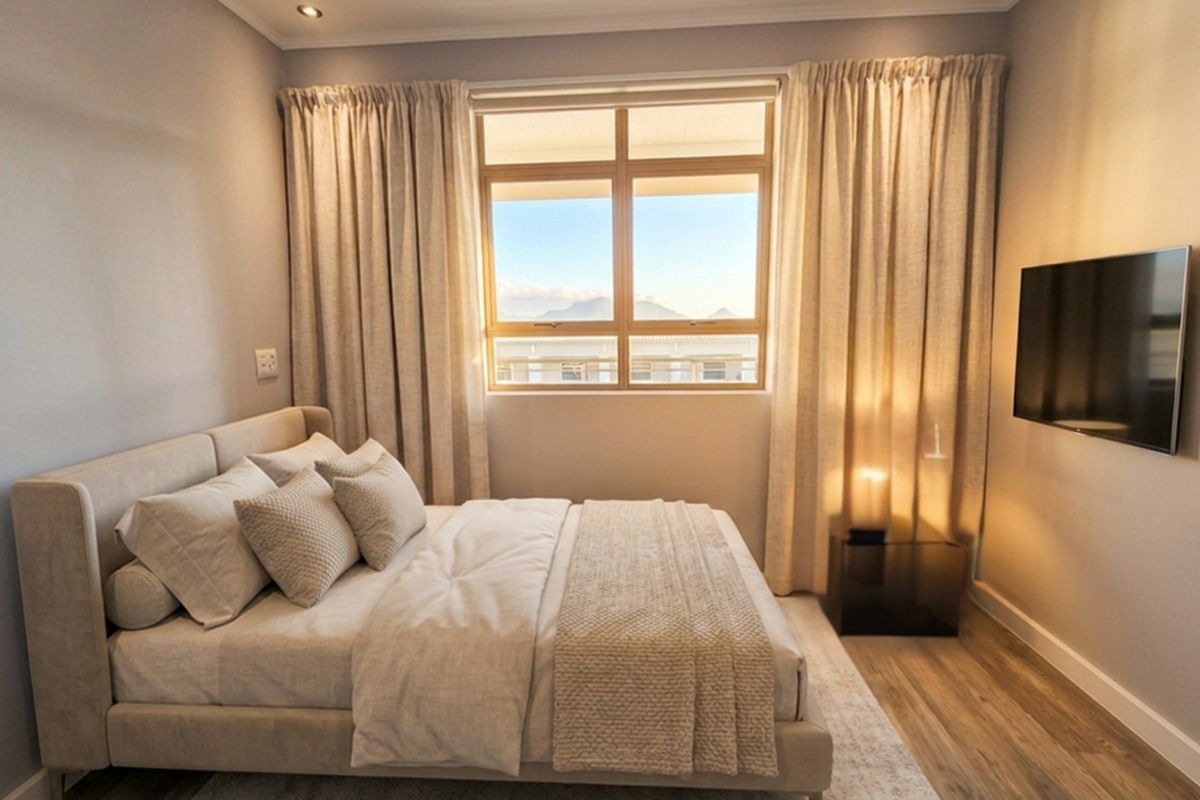 A well-maintained bedroom featuring laminate flooring, recessed downlighting, and a large window with natural light and mountain views.