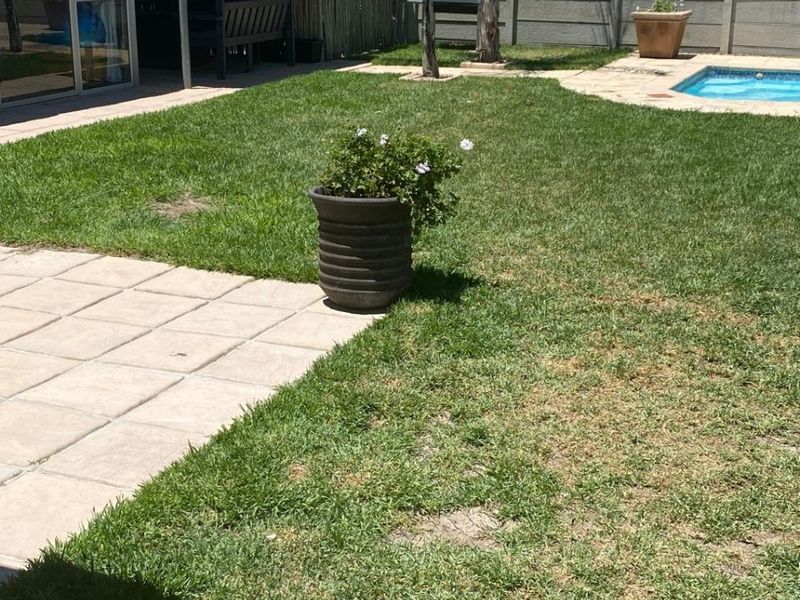 Rear garden featuring a swimming pool, paved patio area, and a covered outdoor space enclosed by precast concrete boundary walls.