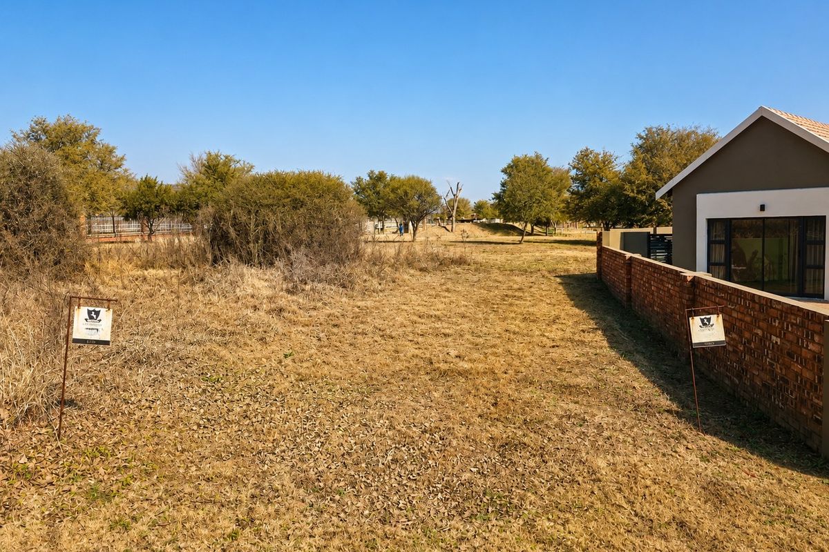 A view of the vacant residential land plot featuring dry grass, mature trees, and a brick boundary wall adjacent to an existing structure.